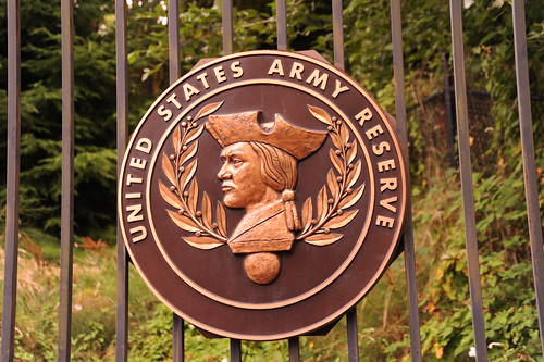 United States Army Reserve, Minute man, laurel leaves, emblem on metal gate, Seattle, Washington, USA by Wonderlane