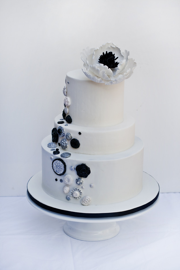 Black white and silver button Wedding Cake