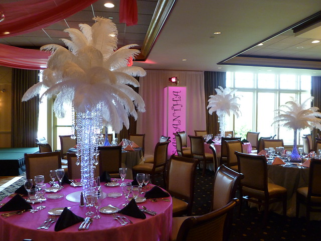 Feather centerpieces with chandelier base for a Bat Mitzvah at the Kernwood