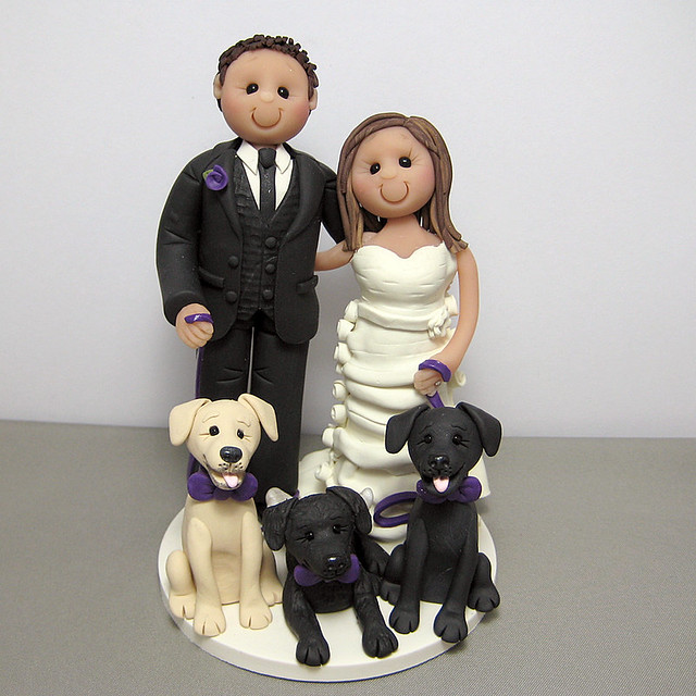 Wedding cake topper with their three dogs Custom made polymer clay wedding 