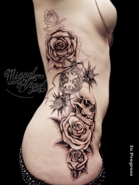 Pocket clock skull roses and thistle in progress by Miguel Angel tattoo