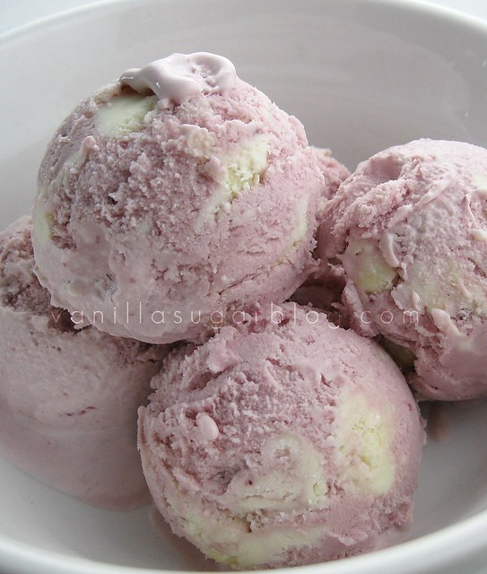 blackberry coulis ice cream with salty white chocolate-cream cheese swirls