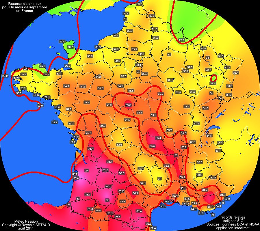 records de chaleur des températures maximales pour le mois de septembre en France Reynald ARTAUD météopassion