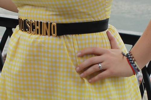 Outfit - vintage Moschino belt, handmade yellow gingham dress