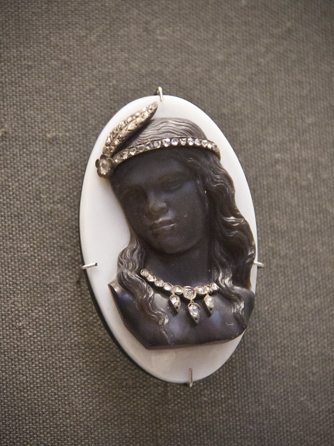 Bust of a Red Indian girl with a diamond-set feather and necklace, onyx cameo encrusted with gems, Rome, about 1870