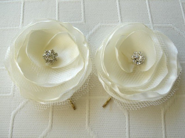 Ivory Satin Bridal and Tulle With Rhinestone Button Flower Hair Clip 
