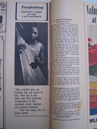 Dorothy Ashby - Article from Detroit Magazine - Nov 13, 1966 (An Insert Supplement for The Detroit Free Press) Features Article " Dorothy Ashby At the Cafe Gourmet" An in depth article on Dorothy Ashby as a jazz musician.
