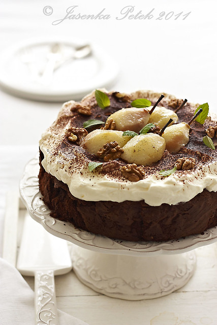 Flourless Chocolate Cake with Chantilly Cream and Glazed Pears 