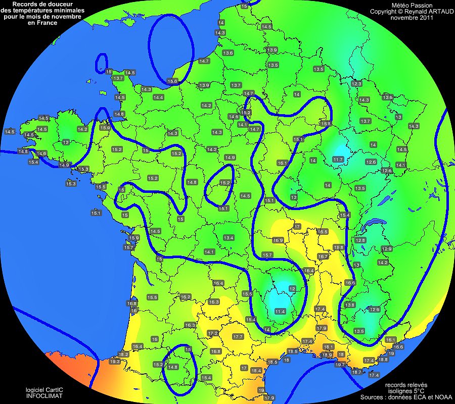 records de douceur des températures minimales pour le mois de novembre en France Reynald ARTAUD météopassion