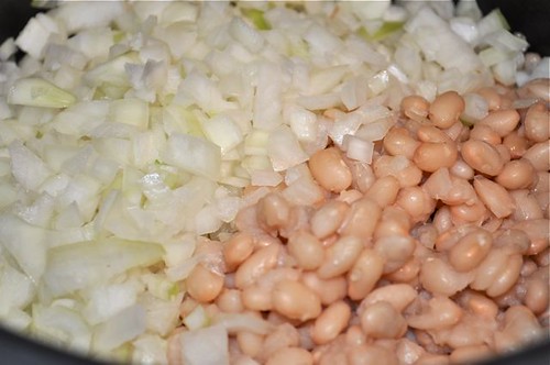 baked beans/chopped onions/beans in cooker