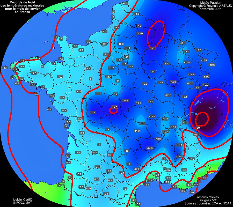 records mensuels de froid ou de fraîcheur des températures maximales pour le mois de janvier en France Reynald ARTAUD météopassion