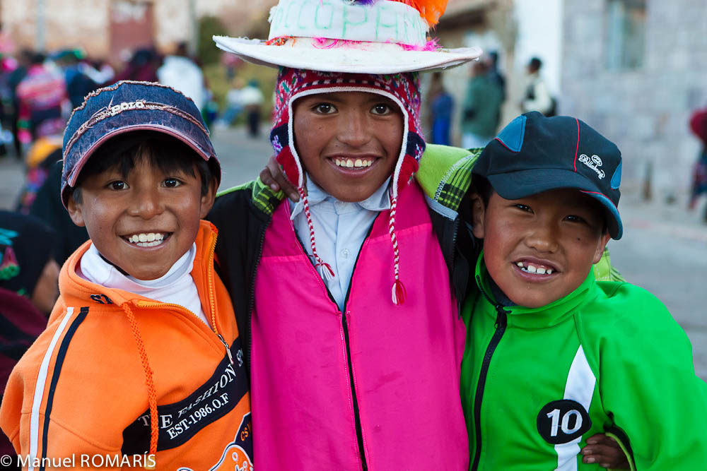 Lake Titicaca, Peru, three boys