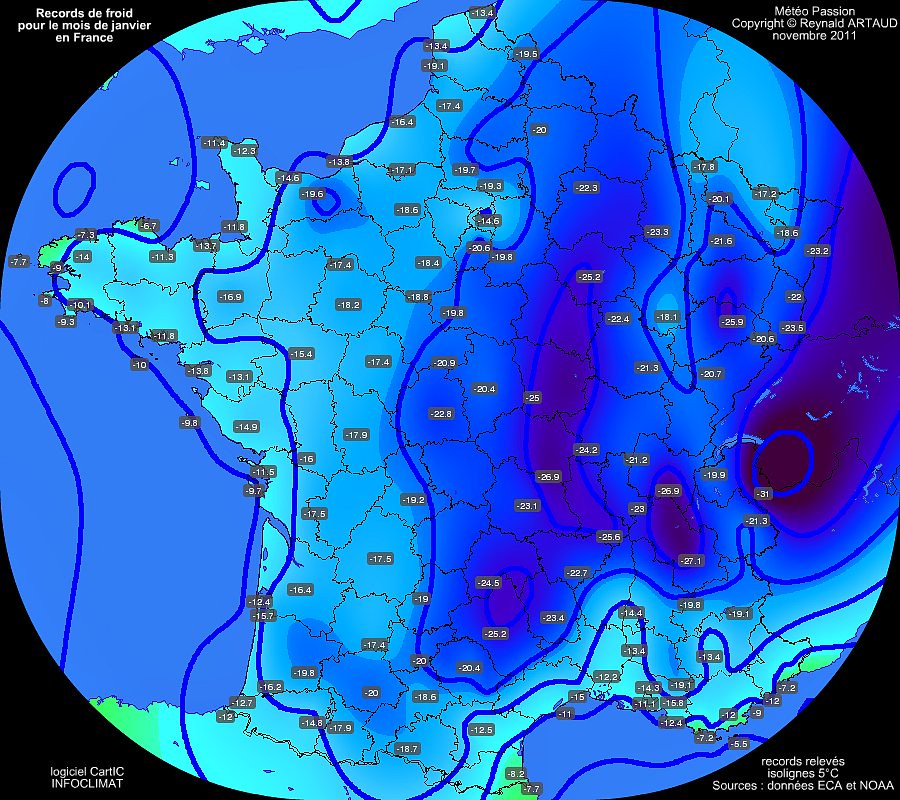 records mensuels de froid des températures minimales pour le mois de janvier en France Reynald ARTAUD météopassion