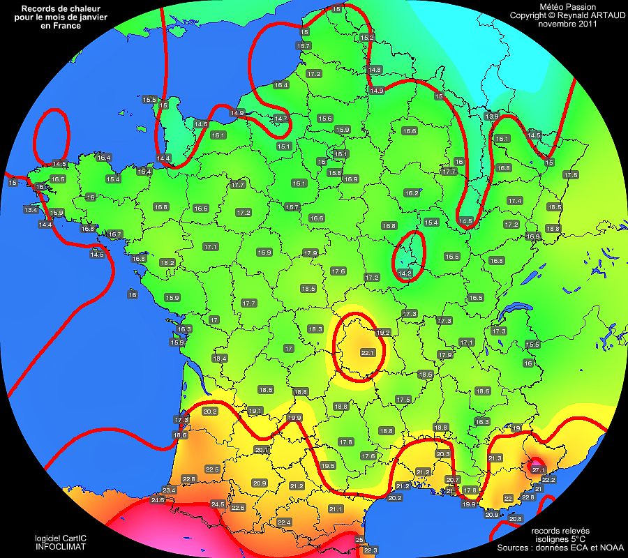 records mensuels de douceur ou de chaleur des températures maximales pour le mois de janvier en France Reynald ARTAUD météopassion