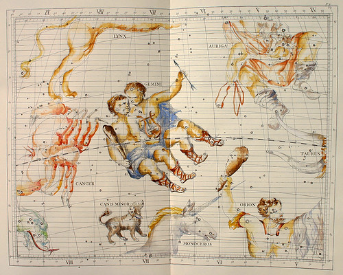 001-Geminis y el Auriga-Atlas Coelestis-coloreado a mano edicon de 1753 Londres-John Flamsteed