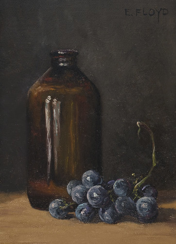 Still Life with Concord Grapes & Brown Bottle