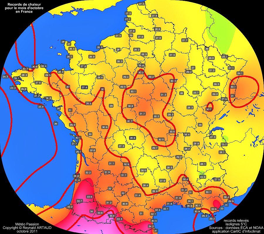 records de chaleur des températures maximales pour le mois d'octobre en France Reynald ARTAUD météopassion
