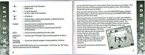 TIGER ELECTRONICS :: "NINJA TURTLES: THE NEXT MUTATION" ELECTRONIC LCD GAME ..INSTRUCTION MANUAL  pgs. 6,7  (( 1998 ))
