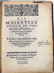 King James VI & I's speech to Parliament following the 'Gunpowder plot', 1605. Bf72-e.5