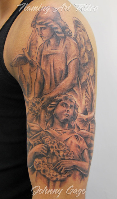 Angel half sleeve tattoo Tattooed by Johnny at Flaming Art Tattoo