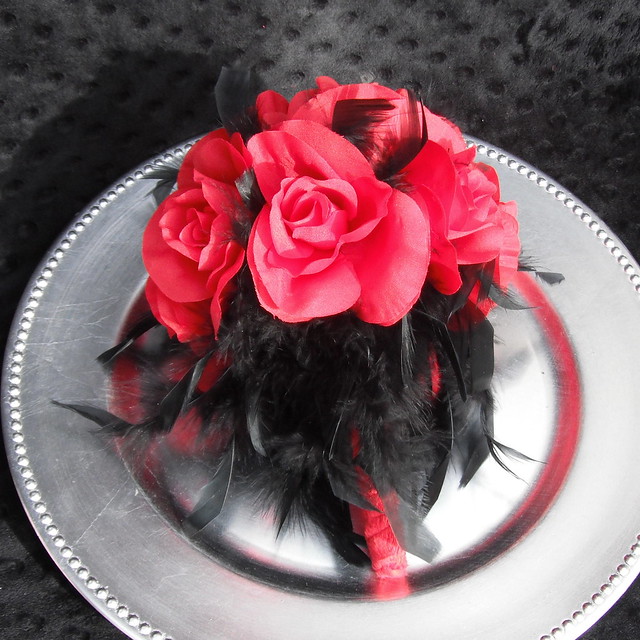 Red and Black Wedding Bouquet 5 Open Roses