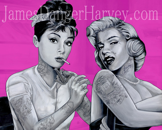 Audrey Hepburn tattooing Marilyn Monroe w a bottle of jack daniels pink 