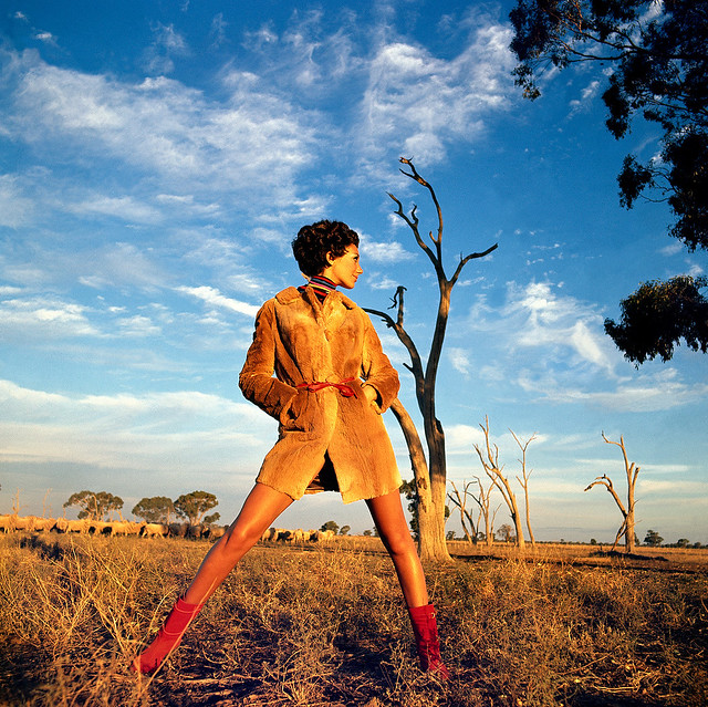 On an Australian sheep farm wearing a belted red kangaroo coat.  Photographed by Arnaud de Rosnay, Vogue, September 19671967-09-2_134948283709