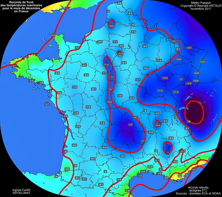 records mensuels de froid ou de fraicheur des températures maximales pour le mois de décembre en France Reynald ARTAUD météopassion