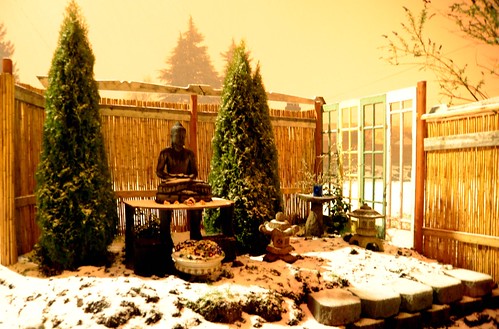Spring hail, Buddha, garden work in progress, night, trees, Japanese stone lanterns, Seattle, Washington, USA by Wonderlane