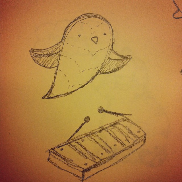 Owl in flight drawing and a xylophone. 
