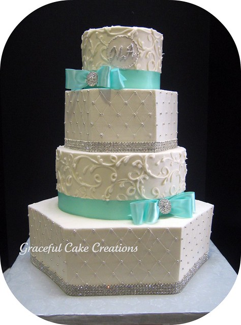Elegant White and Tiffany Blue Wedding Cake