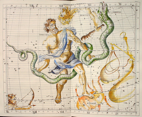 004-Ofiucus y la Serpiente-Atlas Coelestis-coloreado a mano edicon de 1753 Londres-John Flamsteed