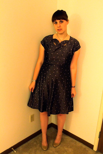Outfit - early 1960s party dress, nude shoes, vintage swing coat