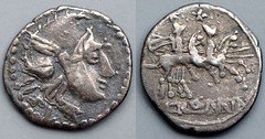 98/A4 var. Luceria LT Sestertius. Italic civic mint. IIS / Roma, Phrygian helmet / L; Dioscuri / ROMA. AM#11104-11, 1g10. This die-cutter, style is unrecorded in silver, but well-known in bronze.