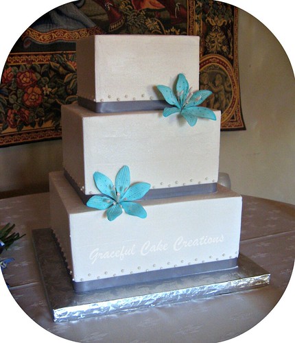 Square Wedding Cake with Stargazer Lilies wedding cake