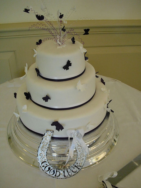 A 3 tier cake with deep purple and white butterflies to match the wedding