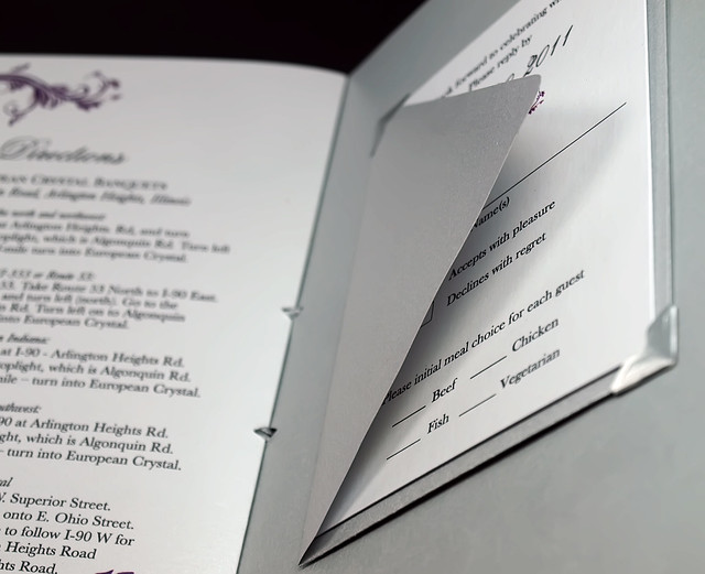 Silver Foil Wedding Invitation Booklet w Purple Belly Band Reply Cardnt