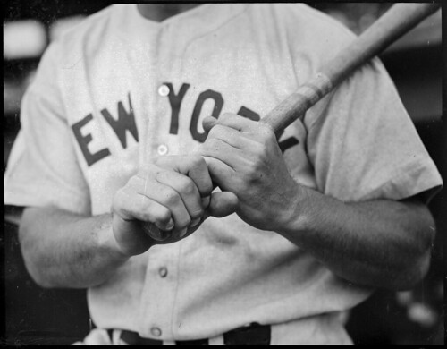 Close-up of Lou Gehrig holding bat