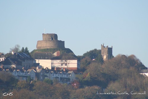 Launceston Castle and the tower of the church of St Mary Magdalene by Stocker Images