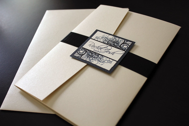 Champagne and Black colored wedding invitations printed on ivory linen 