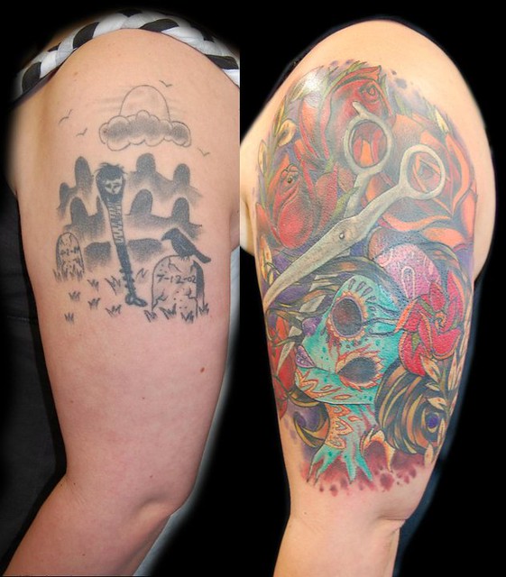  tattoo 9162473538 cover up arm black and grey color sugar scull 