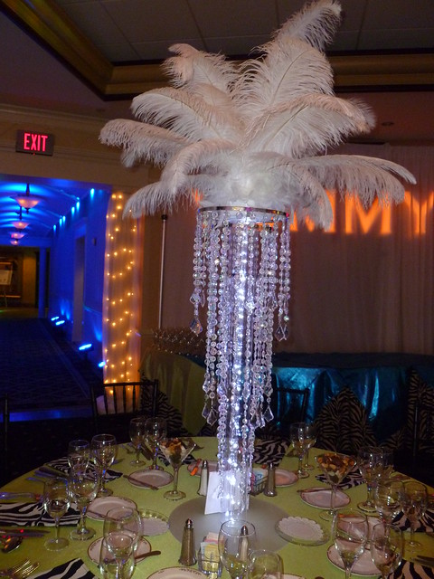 Chandelier Centerpieces with feather tops and LED Lights for a Bat Mitzvah 