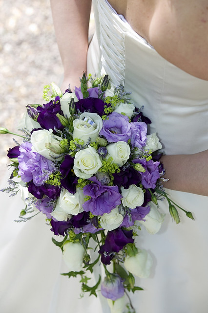 This is a beautiful cascade bridal bouquet made of white roses and purple 