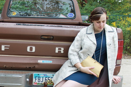 Outfit - Tucker for Target ruffled back dress, vintage gold clutch, Downton Abbey hair, Ford pickup truck, vintage coat