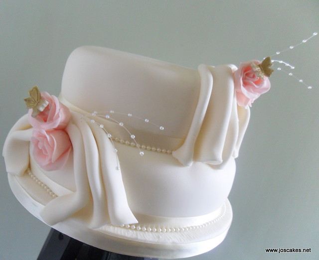 W041 Two Tier Roses and Drapes Wedding Cake