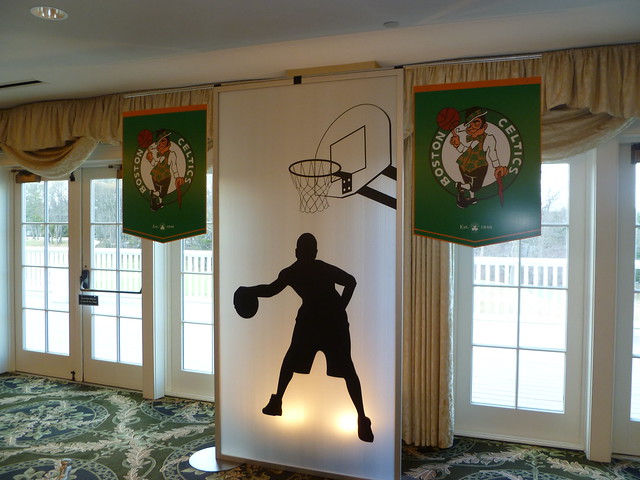 Giant light up basketball player with celtics banner for sports theme bar 