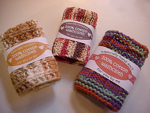 Labels on hand knitted cotton washcloths