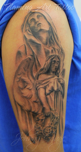 angel sleeve tattoo start Tattooed by Johnny at Flaming Art Tattoo
