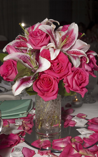 Pink and White Centerpiece with Oriental Lilies and Roses