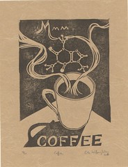 mmm... coffee linocut with caffeine molecule